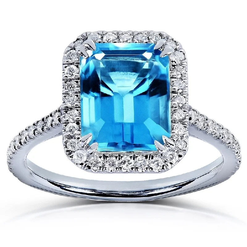 promise rings for women -Annello by Kobelli 14k White Gold 3ct TGW Emerald Cut Swiss Blue Topaz and Diamond Halo Gemstone Ring