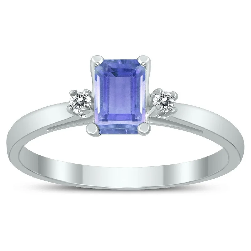 wedding rings for women -Emerald Cut 6X4MM Tanzanite and Diamond Three Stone Ring in 10K White Gold