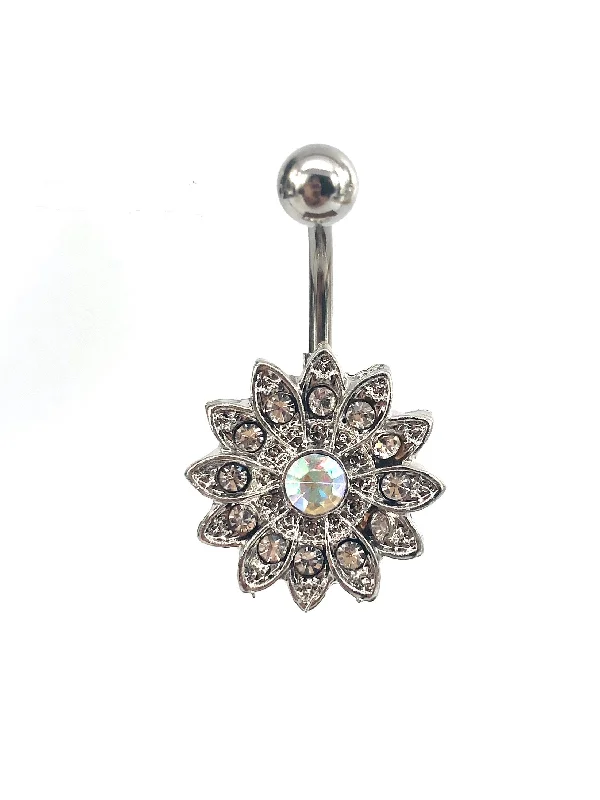 stylish rings for women -Stainless steel curve bar , flower gem belly ring, SKU# NBR067