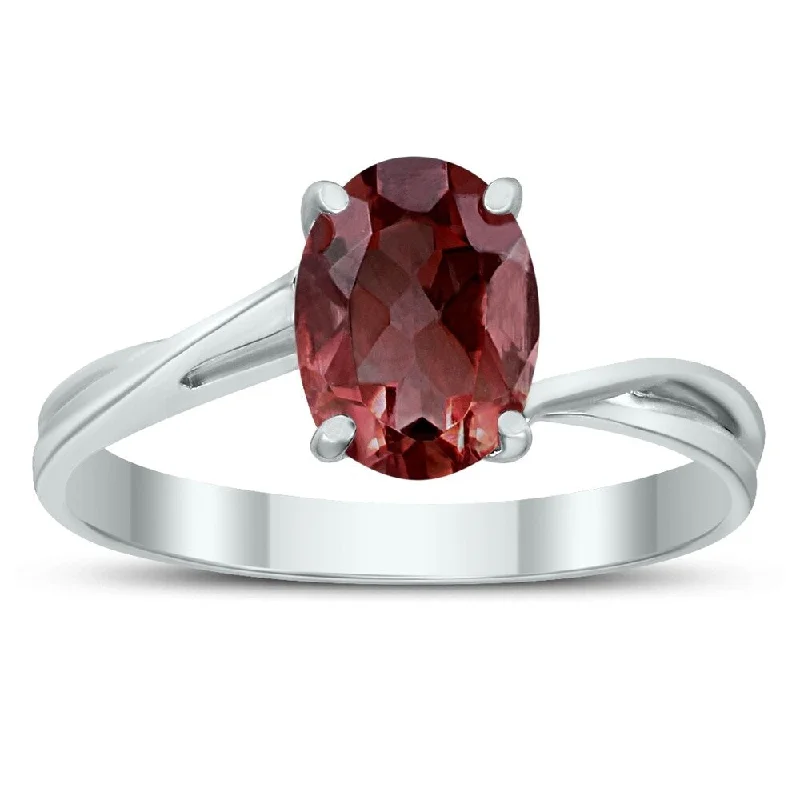 flower rings for women -Solitaire Oval 8X6MM Garnet Gemstone Twist Ring in 10K White Gold