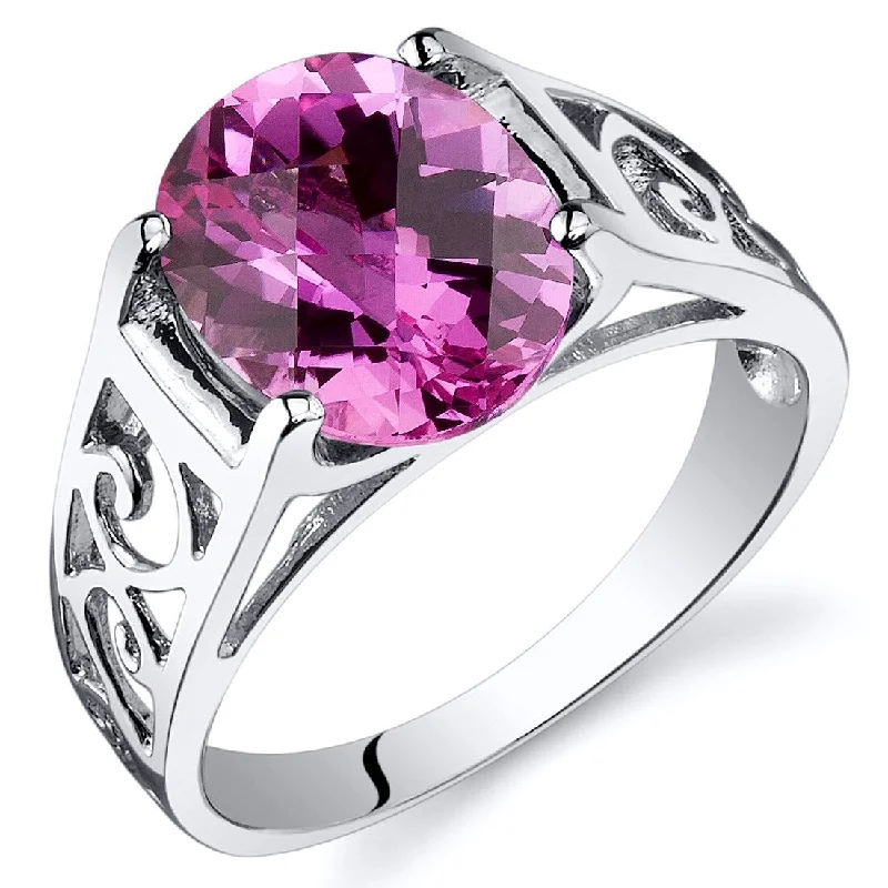 vintage wedding rings for women -Sterling Silver 3.5 ct Created Pink Sapphire Solitaire Ring