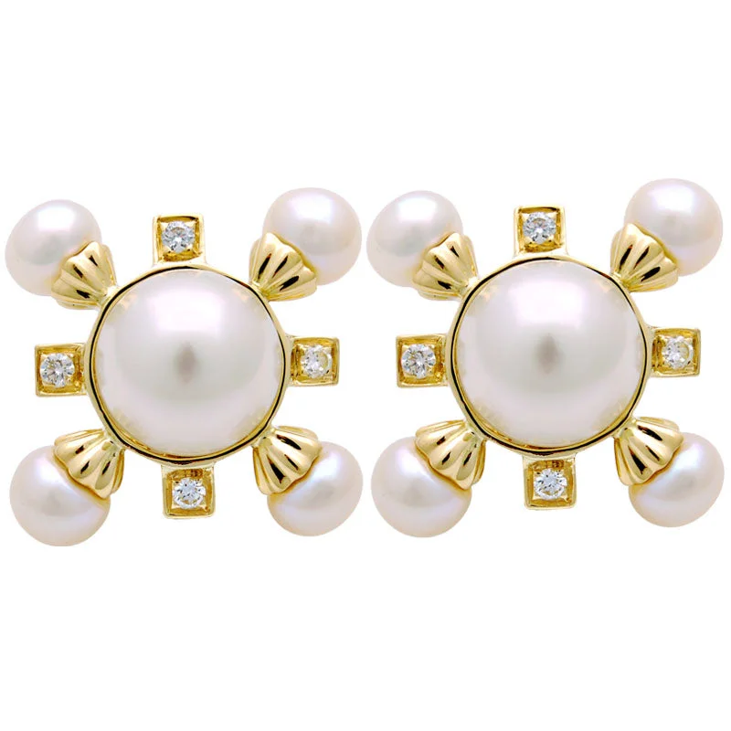 gold earrings for women -Earrings-South Sea Pearl, Fresh Water Pearl and Diamond