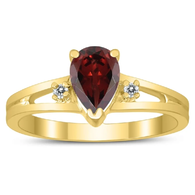 diamond rings for women -7X5MM Garnet and Diamond Pear Shaped Open Three Stone Ring in 10K Yellow Gold