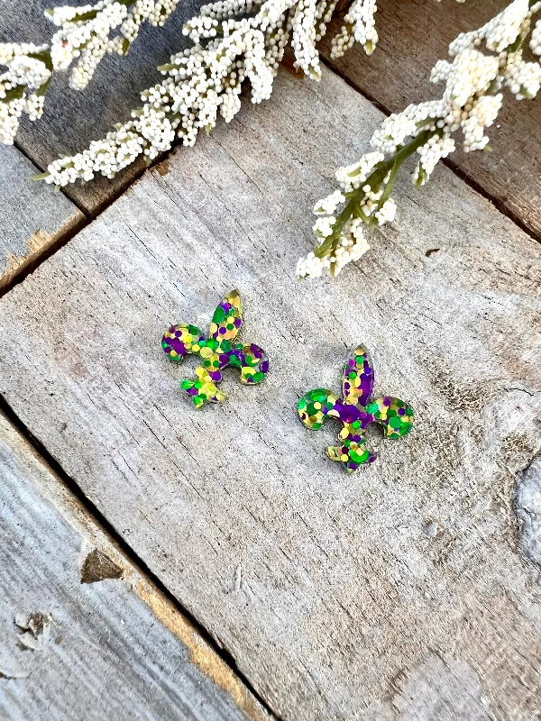 personalized earrings for gifts -Mardi Gras Glitter Fleur De Lis Stud Earrings