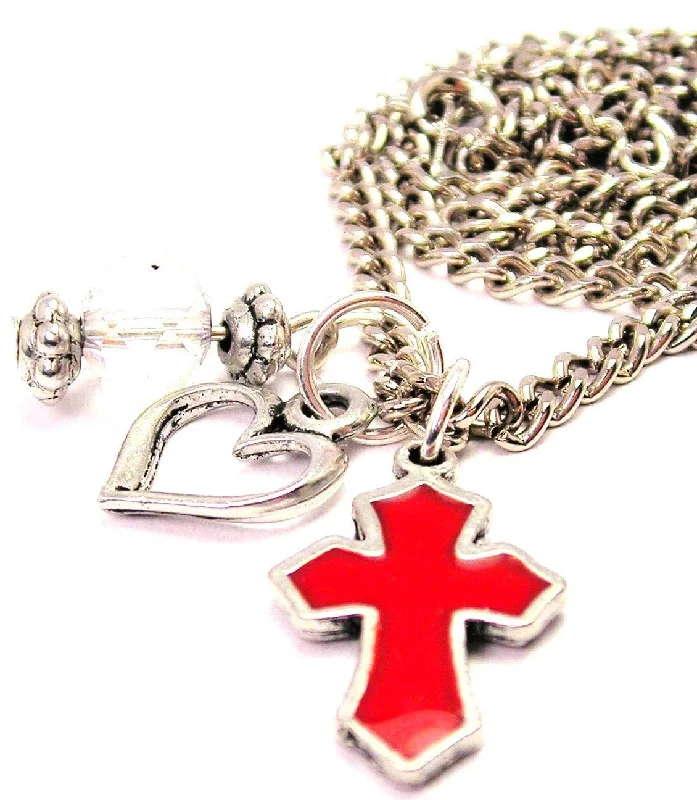 boho necklaces for women -Hand Painted Latin Cross Red Necklace with Small Heart