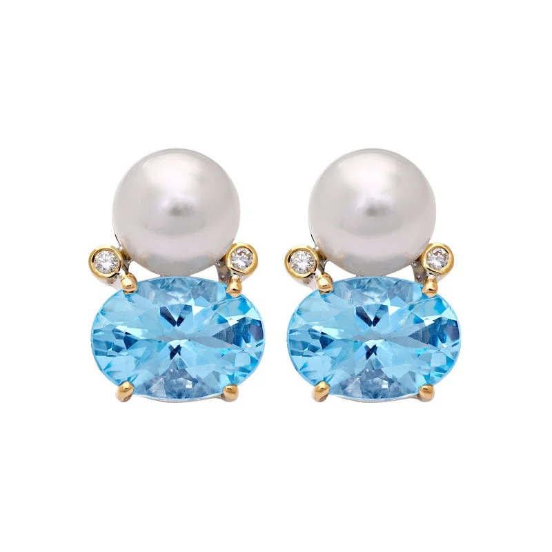 trendy earrings for women -Earrings- Blue Topaz, South Sea Pearl and Diamond