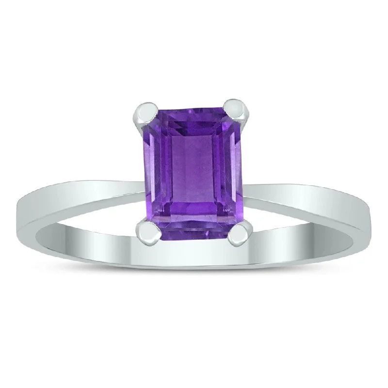 bold rings for women -Emerald Shaped 7X5MM Amethyst Solitaire Ring in 10K White Gold