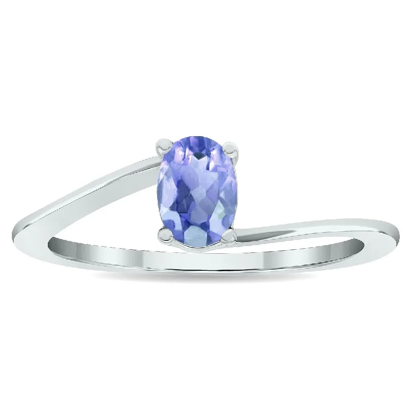 gold rings for women -Women's Solitaire Tanzanite Wave Ring in 10K White Gold