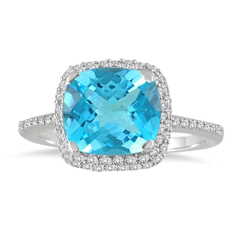 unique diamond rings for women -3 1/2 Carat Cushion Cut Blue Topaz and Diamond Halo Ring in 10K White Gold