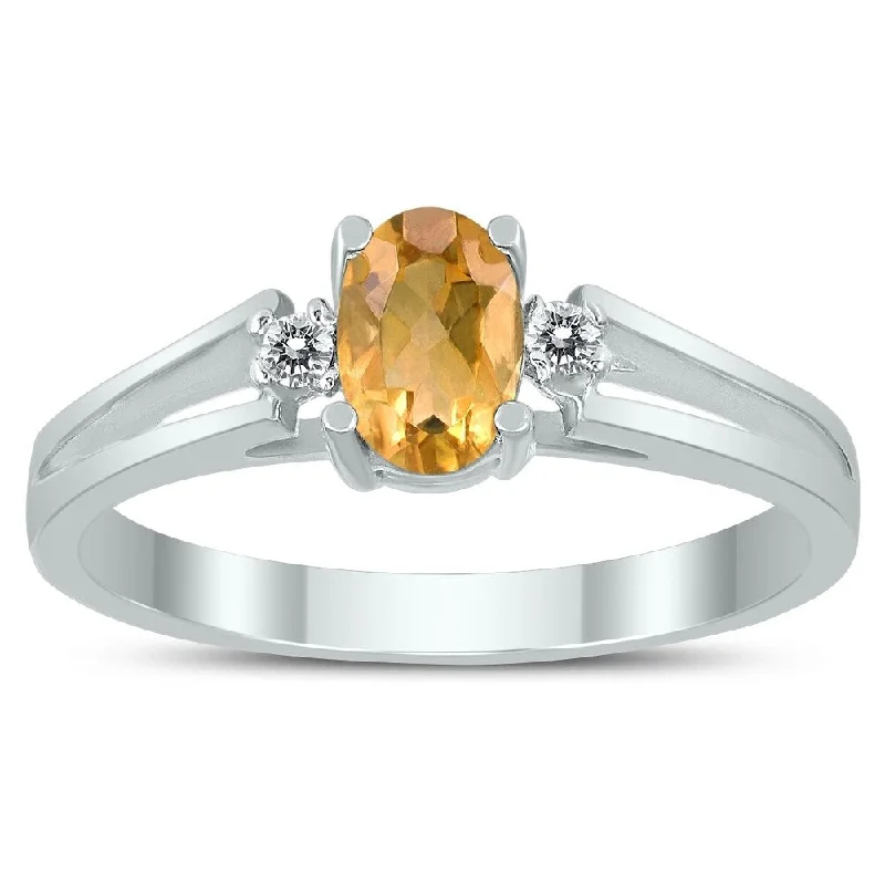 sapphire engagement rings -6X4MM Citrine and Diamond Open Three Stone Ring in 10K White Gold