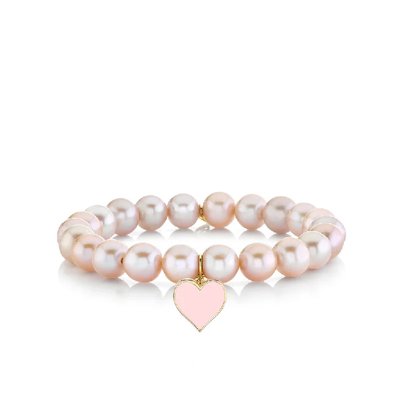 chic leather bangles -Gold & Enamel Heart on Natural Pink Pearls