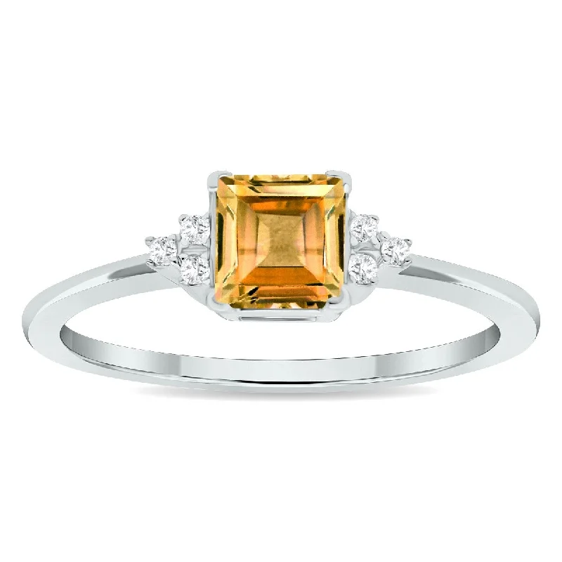 bridal rings for women -Women's Princess Cut Citrine and Diamond Half Moon Ring in 10K White Gold