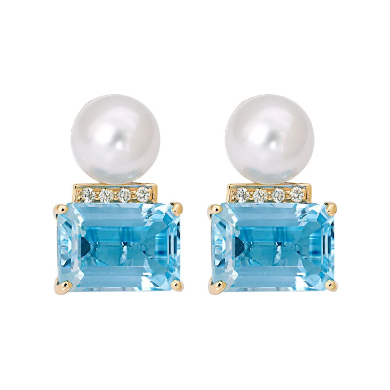 wedding earrings for women -Earrings- Blue Topaz, South Sea Pearl and Diamond