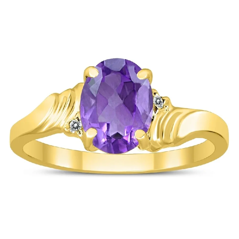 engagement rings for women -8X6MM Amethyst and Diamond Wave Ring in 10K Yellow Gold