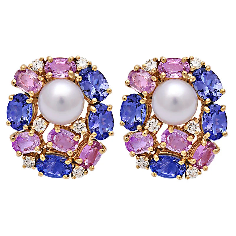 boho earrings for women -Earrings - Tanzanite, Pink Sapphire, South Sea Pearl and Diamond