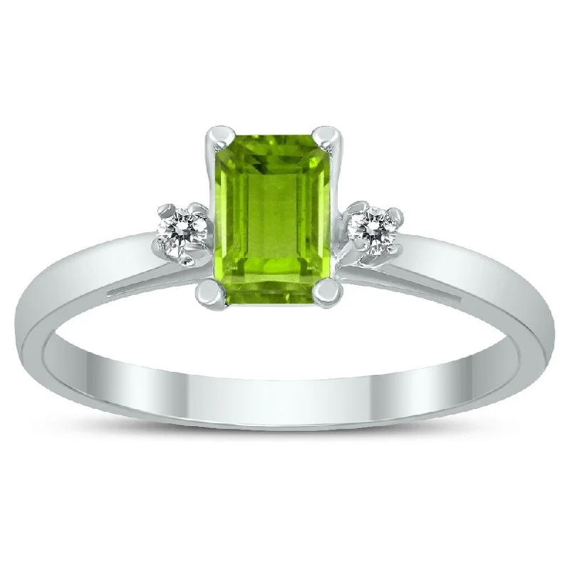 wedding rings with multiple stones -Emerald Cut 6X4MM Peridot and Diamond Three Stone Ring in 10K White Gold