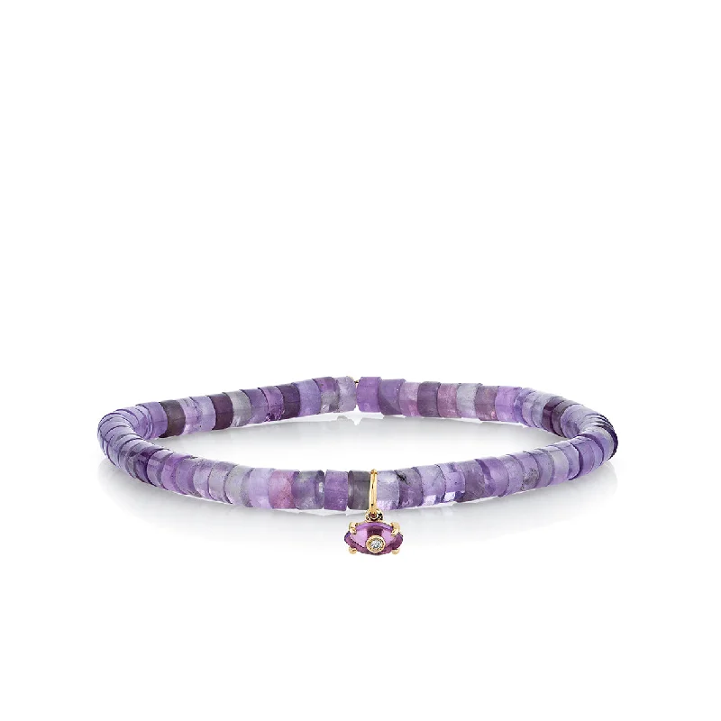 hammered bangles for women -Gold & Diamond Tiny Carved Amethyst Eye on Amethyst Heishi