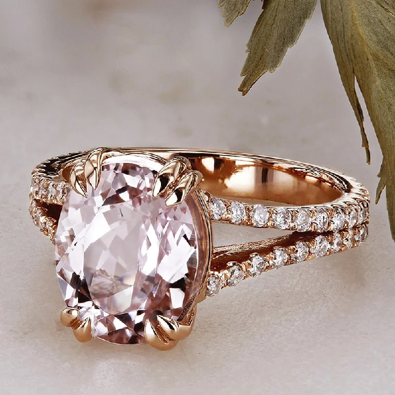 solitaire rings for women -Annello by Kobelli 14k Rose Gold 3 4/5ct TGW Oval-cut Kunzite Pink Gemstone and Diamond Split Shank Ring