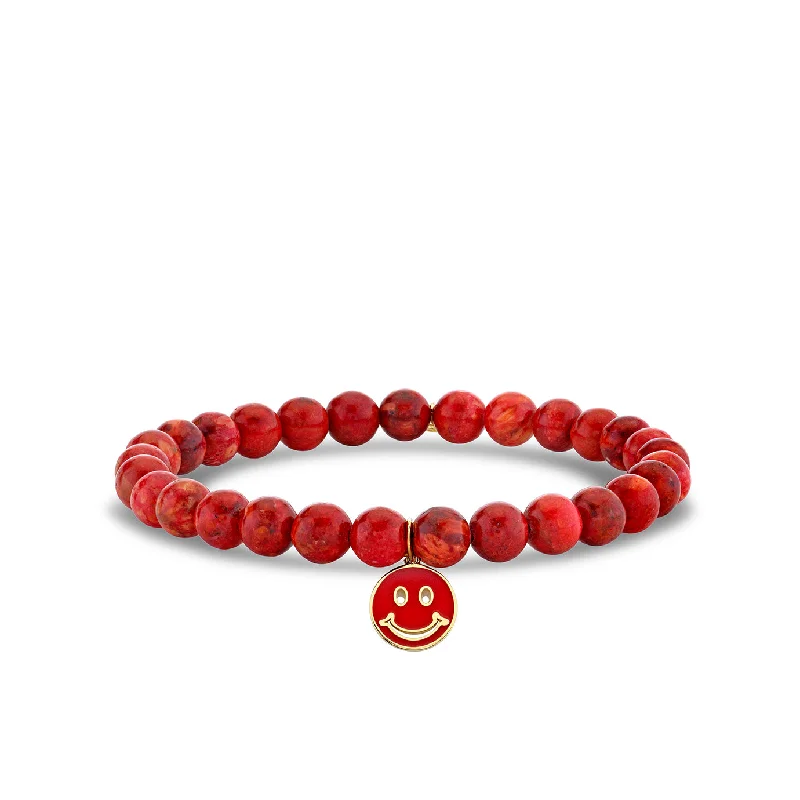 bracelet sets for women -Gold & Enamel Happy Face on Red Sponge Sea Bamboo