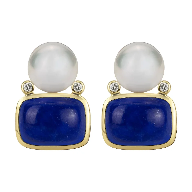 crystal earrings for women -Earrings - South Sea Pearl, Lapis Lazuli And Diamond