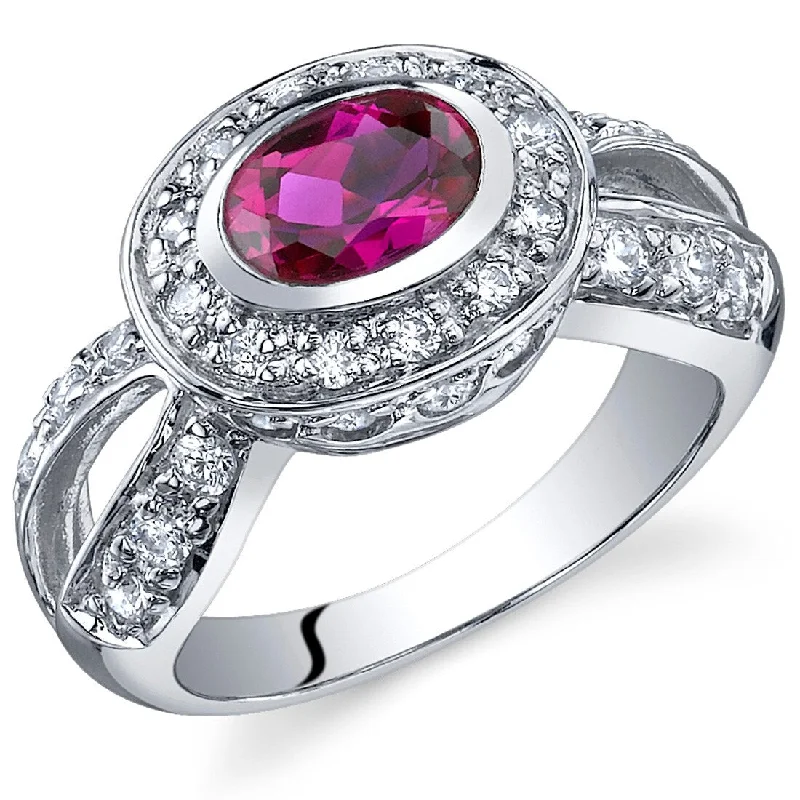 modern wedding rings for women -Sterling Silver 1 ct Created Ruby Halo Ring