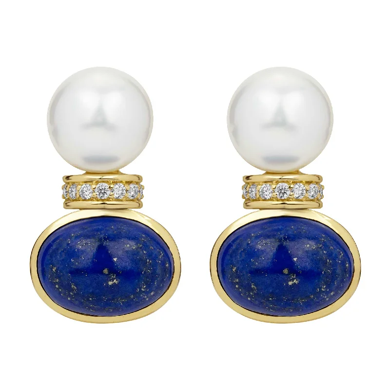 stud earrings for women -Earrings - South Sea Pearl, Lapis Lazuli And Diamond