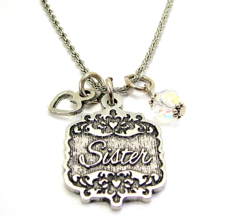 wedding necklaces for women -Sister Victorian Scroll With Open Heart And Crystal 20" Stainless Steel Rope Necklace