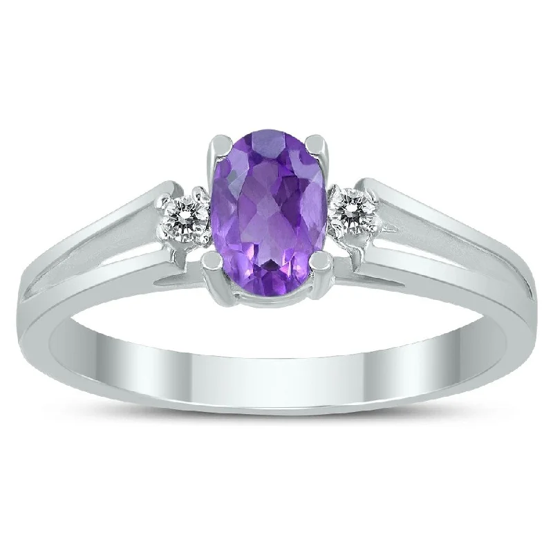 personalized wedding rings -6X4MM Amethyst and Diamond Open Three Stone Ring in 10K White Gold