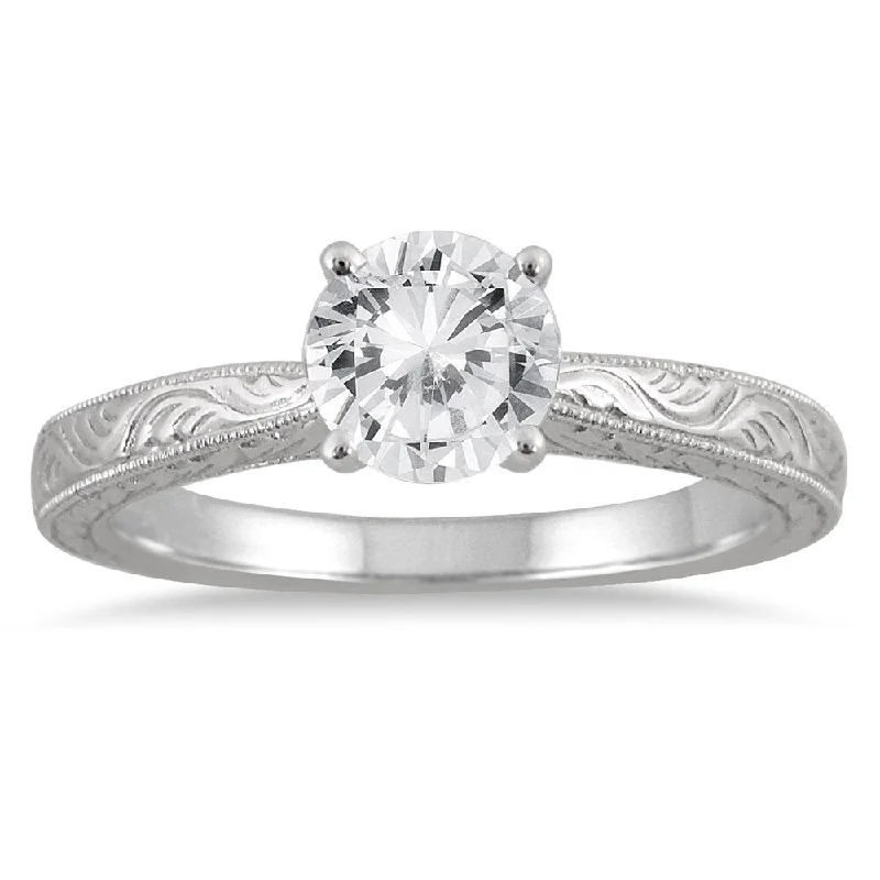 statement rings for women -AGS Certified 1 Carat Diamond Solitaire Engraved Ring in 14K White Gold (J-K Color, I2-I3 Clarity)