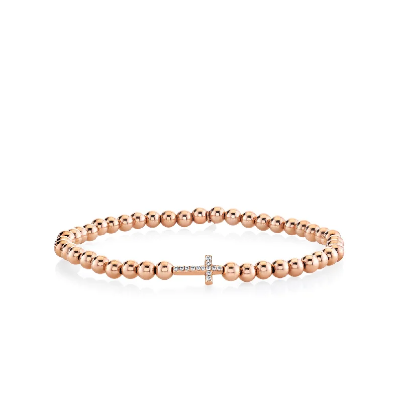 minimalist bracelets for women -Rose Gold & Diamond Cross on 14k Rose Gold Beads