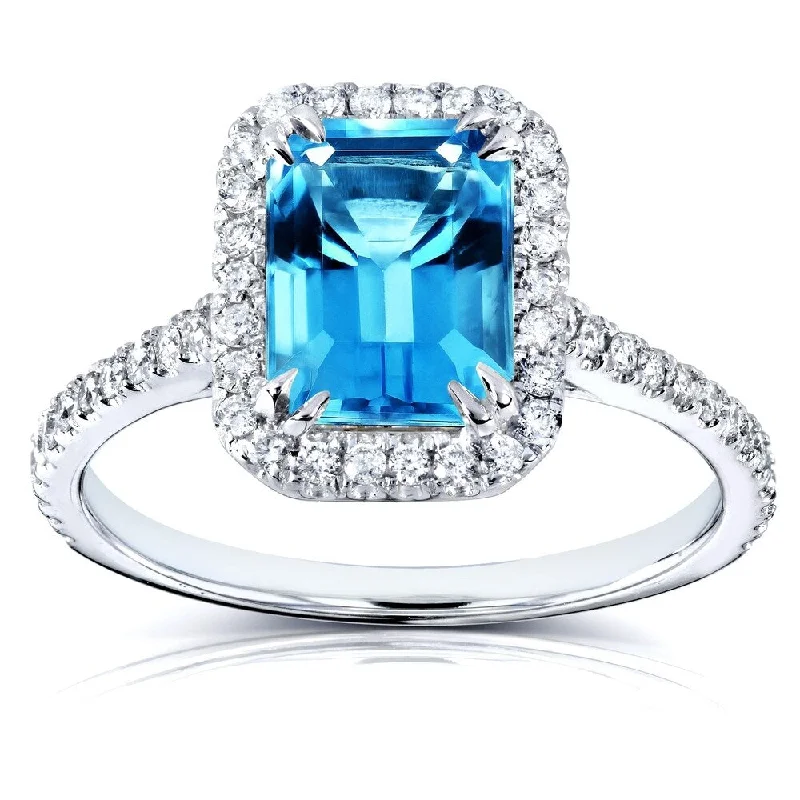 promise rings with birthstones -Annello by Kobelli 14k White Gold 1 3/4ct TGW Emerald Cut Swiss Blue Topaz and Diamond Halo Gemstone Ring