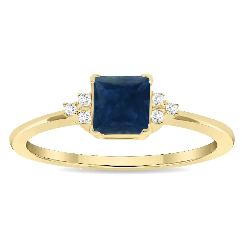 silver stackable rings -Women's Square Shaped Sapphire and Diamond Half Moon Ring in 10K Yellow Gold