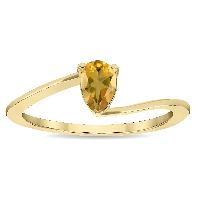 gemstone rings for women -Women's Solitaire Pear Shaped Citrine Wave Ring in 10K Yellow Gold