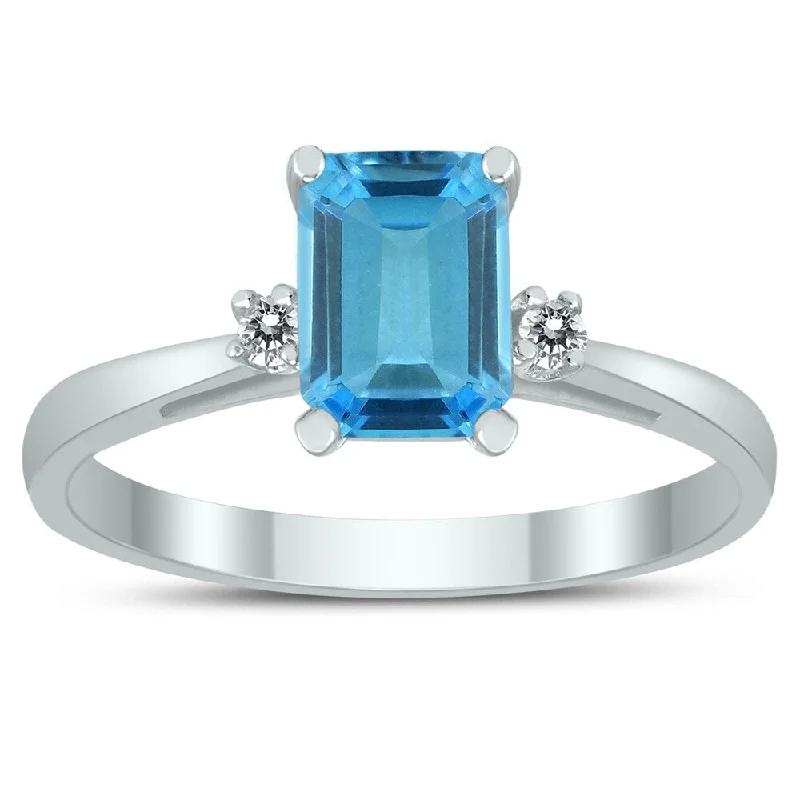 thick gold rings for women -Emerald Cut 7X5MM Blue Topaz and Diamond Three Stone Ring in 10K White Gold