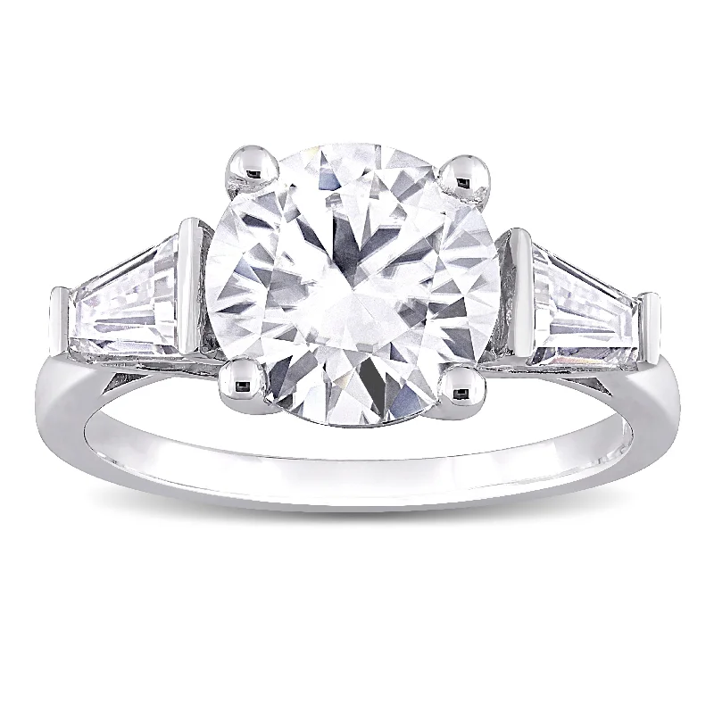 luxury wedding rings -Miadora 2 3/5ct DEW Taper Created Moissanite Three Stone Ring in Sterling Silver