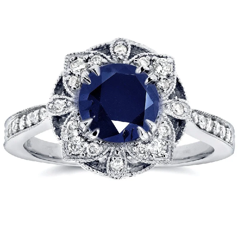 bridal rings for women -Annello by Kobelli 14k White Gold Round-cut Sapphire and 1/4ct TDW Diamond Floral Antique Ring