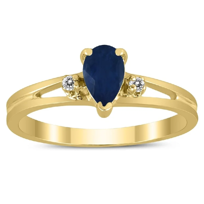 halo wedding rings for women -6X4MM Sapphire and Diamond Pear Shaped Open Three Stone Ring in 10K Yellow Gold