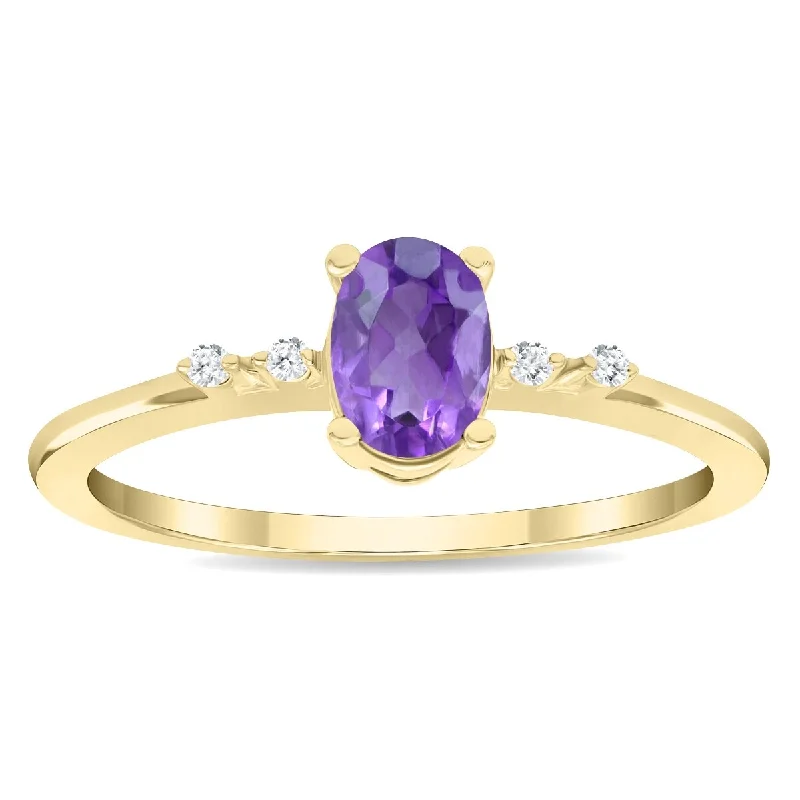 personalized wedding rings -Women's Oval Shaped Amethyst and Diamond Sparkle Ring in 10K Yellow Gold