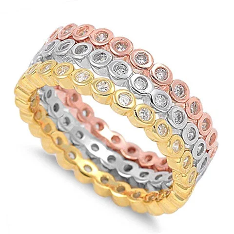 stackable rings for women -3 Rings Triple Tone Stackable CZ Ring