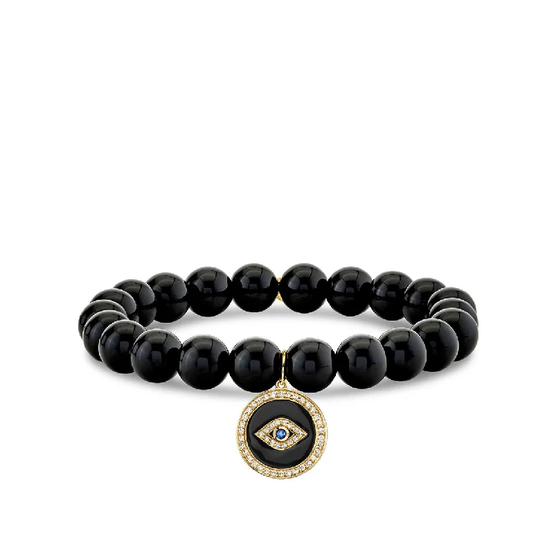 engraved bracelets for women -Gold & Diamond Protective Eye Coin On Onyx