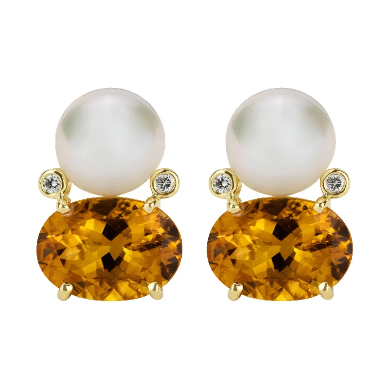 trendy earrings for women -Earrings - South Sea Pearl, Citrine And Diamond