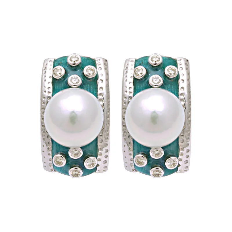 designer earrings for women -Earrings-South Sea Pearl and Diamond (Enamel)