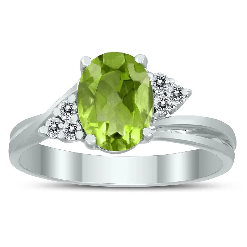 solitaire rings for women -8X6MM Peridot and Diamond Twist Ring in 10K White Gold