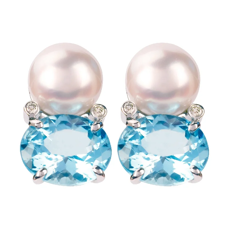 colored gemstone earrings for women -Earrings - Blue Topaz, South Sea Pearl & Diamond