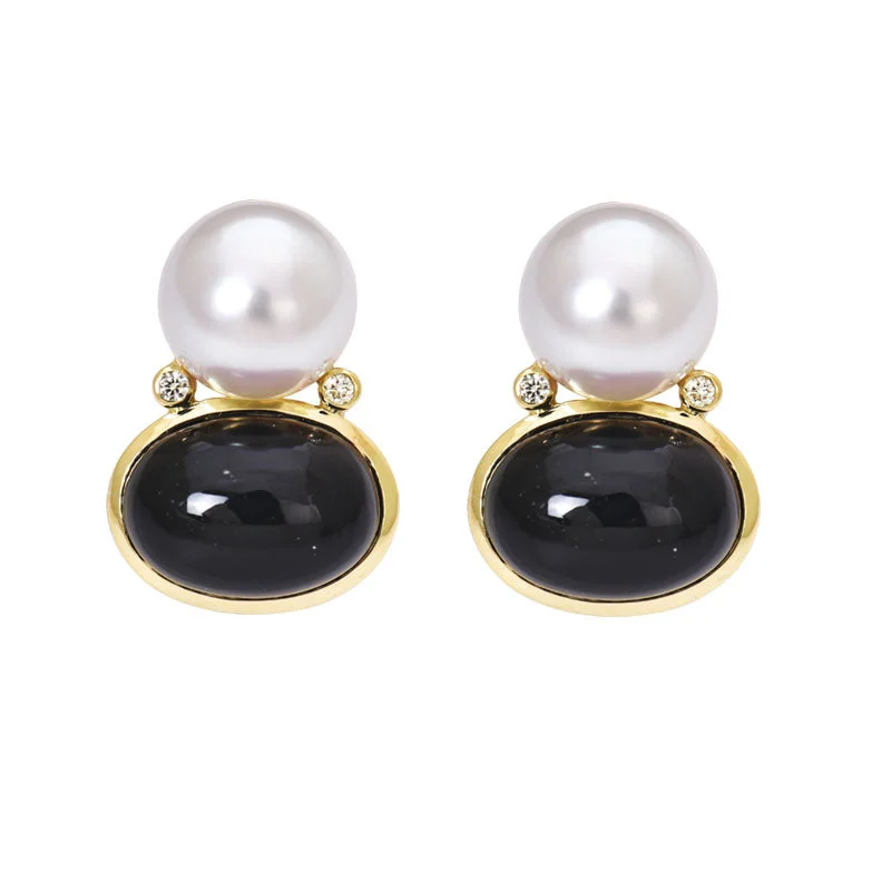 casual earrings for women -Earrings- Black Onyx, South Sea Pearl and Diamond