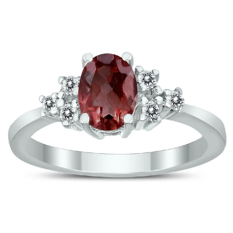 modern wedding rings for women -7X5MM Garnet and Diamond Regal Ring in 10K White Gold