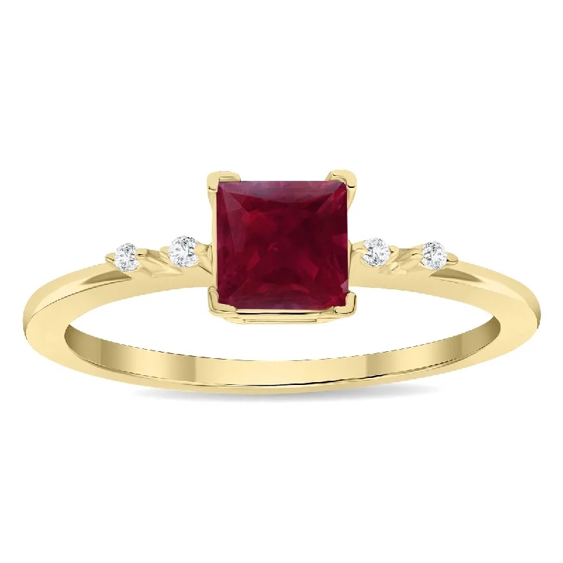 wedding bands for women -Women's Square Shaped Ruby and Diamond Sparkle Ring in 10K Yellow Gold