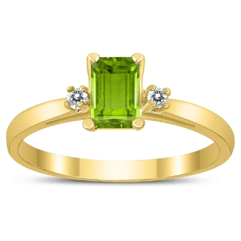 eternity rings with diamonds -Emerald Cut 6X4MM Peridot and Diamond Three Stone Ring in 10K Yellow Gold