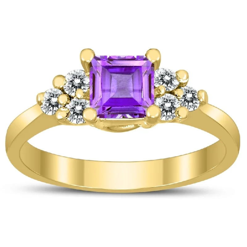 art deco rings for women -Princess Cut 5X5MM Amethyst and Diamond Duchess Ring in 10K Yellow Gold