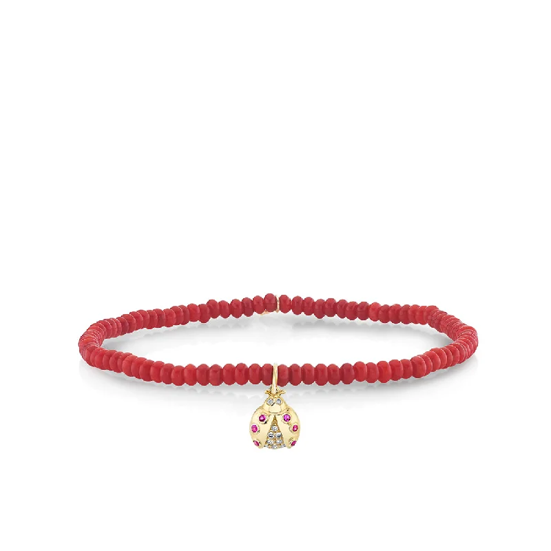 luxury tennis bracelets -Gold & Diamond Small Ladybug on Red Bamboo Coral